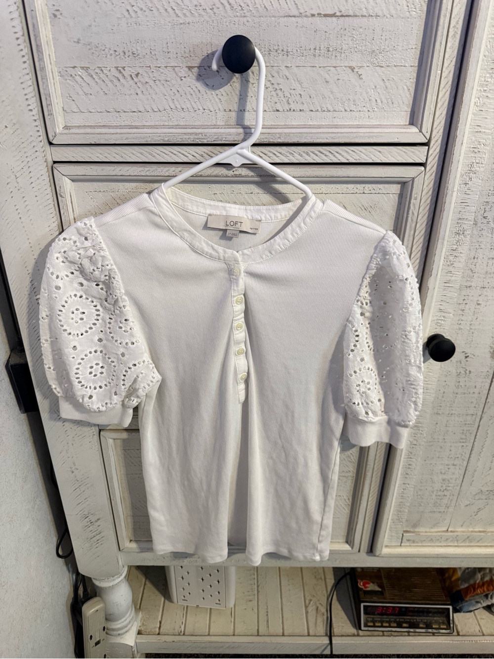 LOFT White Eyelet Puff-Sleeve Henley Tee